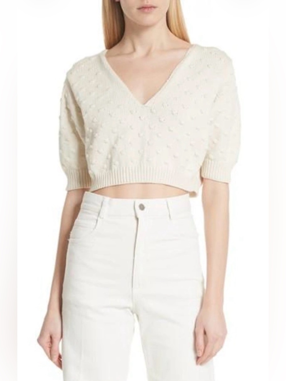 Rachel Comey Ode Garbonzo Cropped Ivory V-Neck 100% Cotton Size S Sweater $350